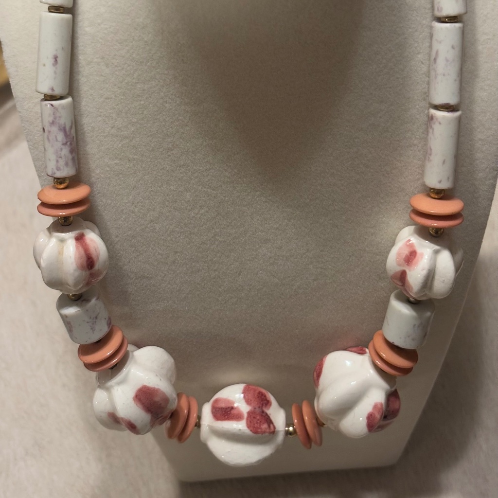 Vintage Glass Necklace White With Pink